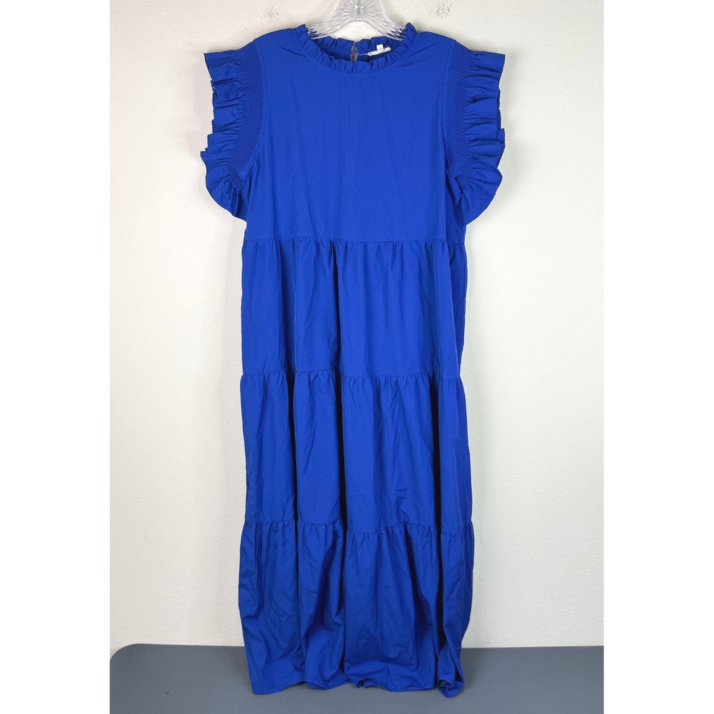 Jodifl Dress Womens Medium Blue Tiered Maxi Ruffle Smocked Sleeve 010170